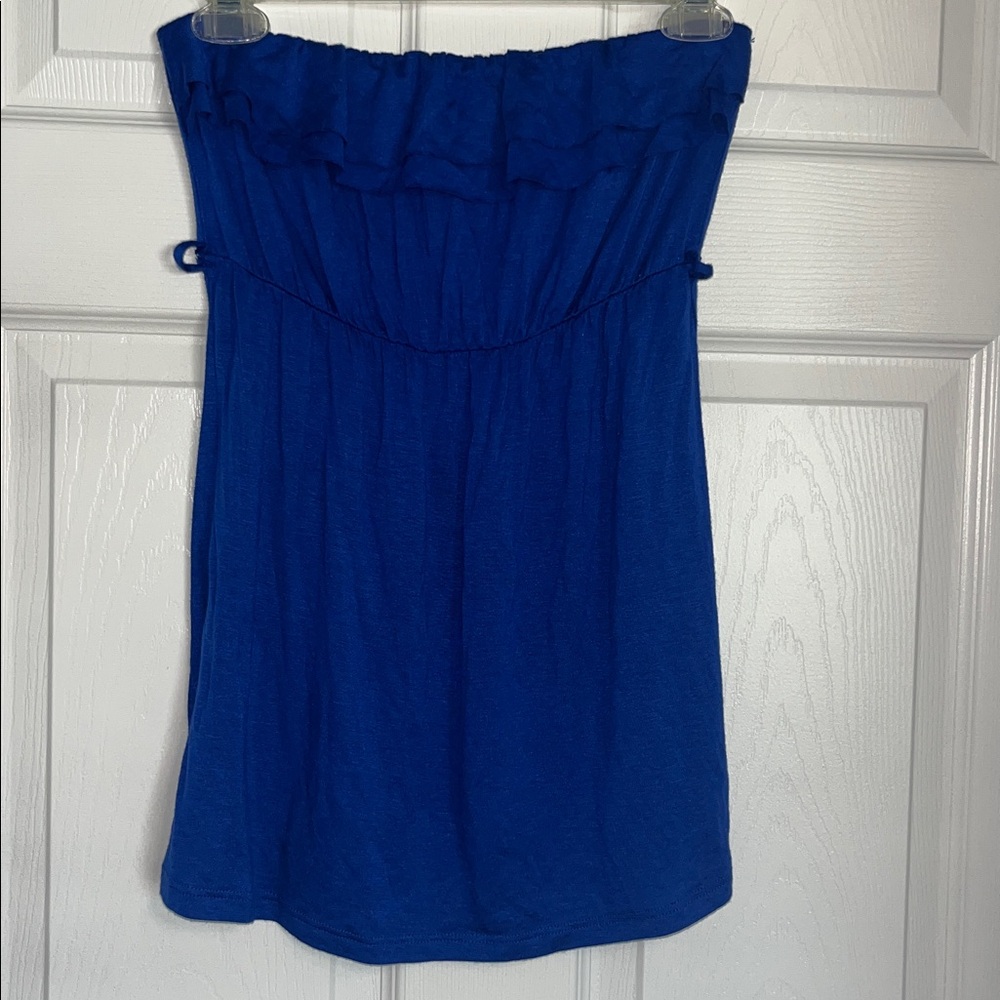 Cantata Blue Strapless Ruffle Flowy Belted Top